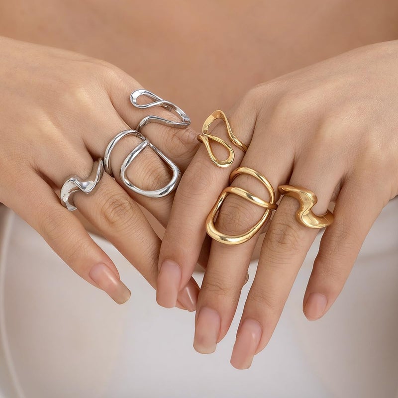 ANGLEQUEEN Chunky Silver Rings for Women Open Stacking Knuckle Ring Silver Adjustable Round Dome Rings Set Minimalist Irregular Statement Ring Women 2025 Fashion Jewelry - Image 2